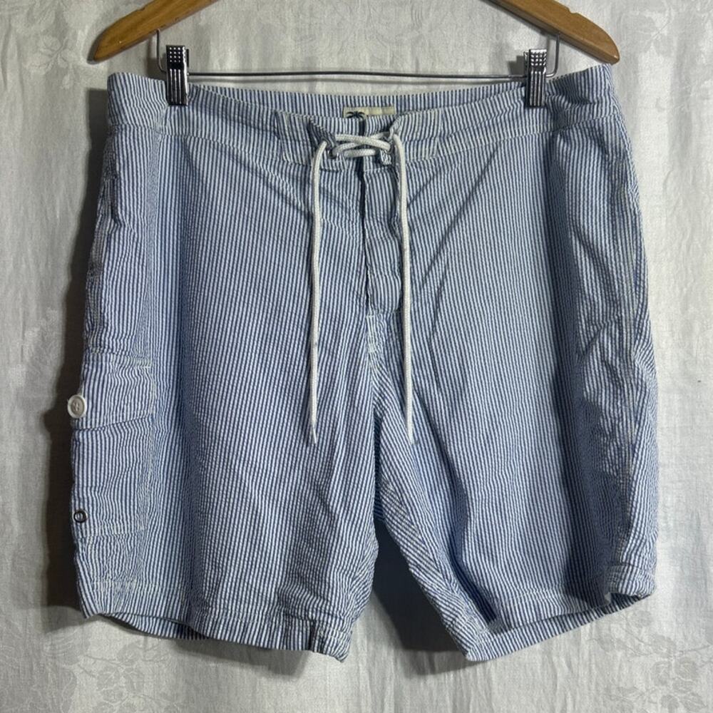 J Crew Swim Trunks Cargo Shorts 35 White Blue Striped SeerSucker Mesh Lined